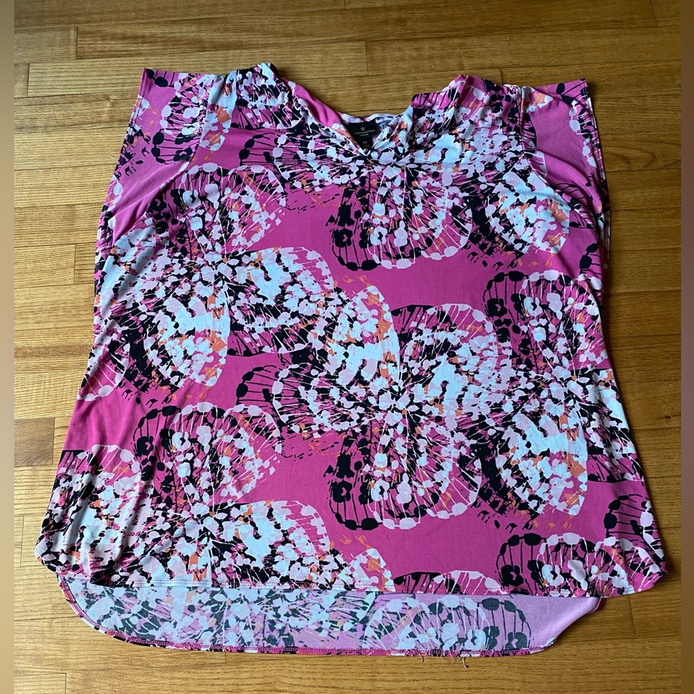 Worthington Womens size 2X Pink White Black Abstract Butterfly flowy Blouse - Picture 1 of 3